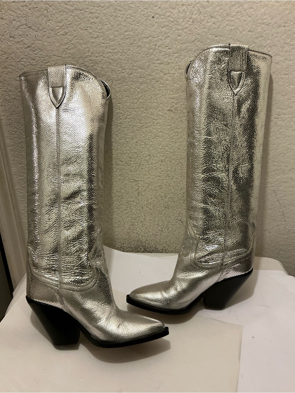 Isabel Marant Silver Metallic Lomero knee high leather boots 38
